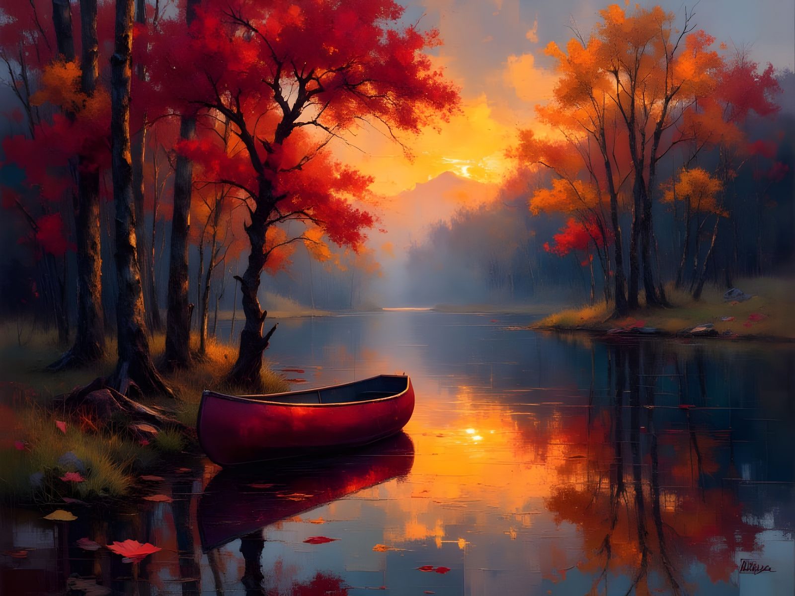 Fiery Autumn Oak Trees Reflected in Lake