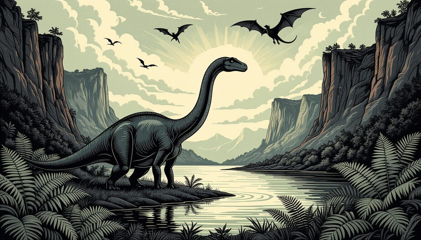 Dinosaur in Pen and Ink Dark Fantasy Style