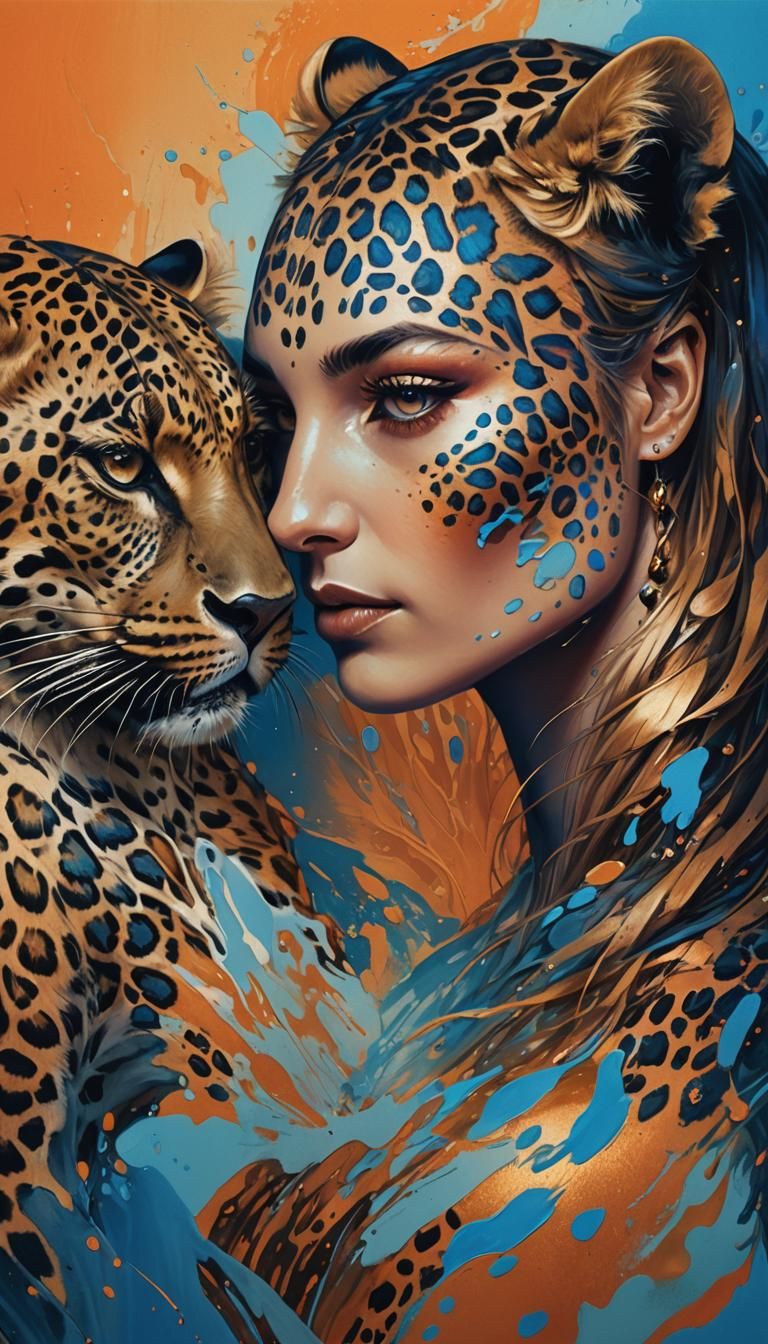 Leopard Woman Hybrid in Watercolor Style