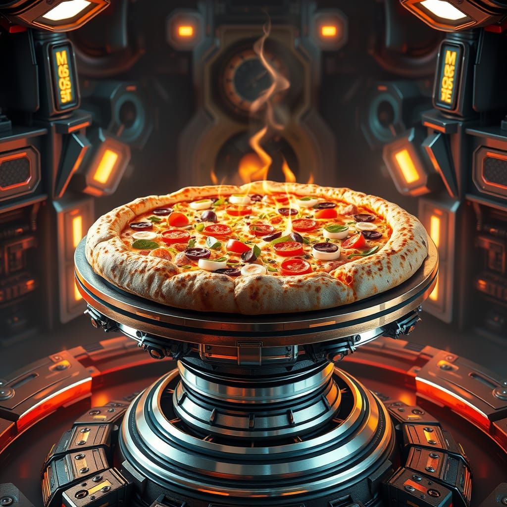 Gigantic Pizza on Metallic Pedestal in Sci-Fi Style