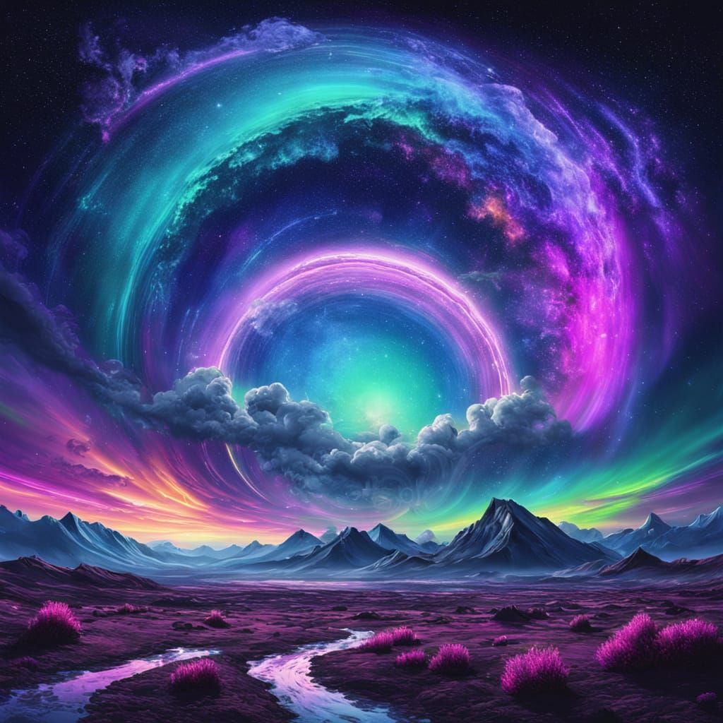 Surreal Cosmic Landscape with Aurora, Star Dust, and Triple ...