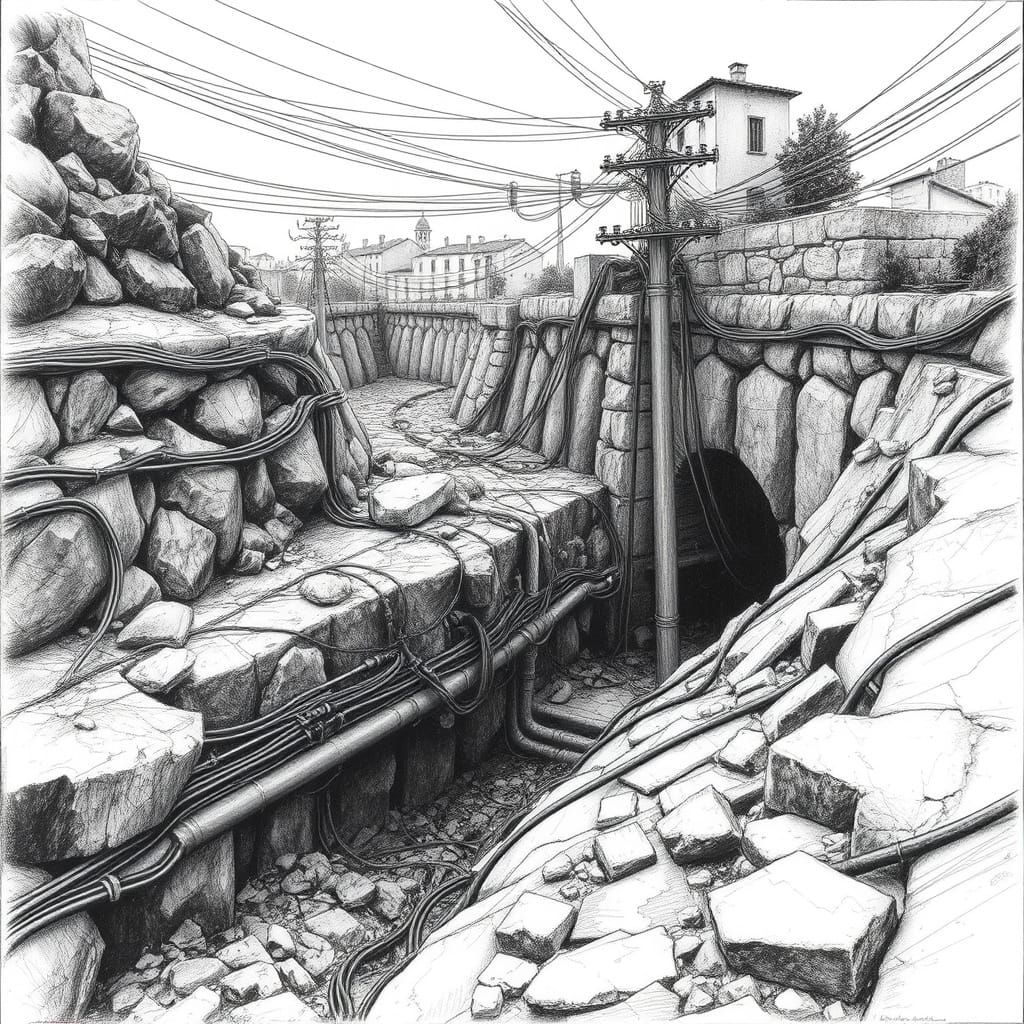 Hyperrealistic Charcoal Drawing of Underground Electrical In...