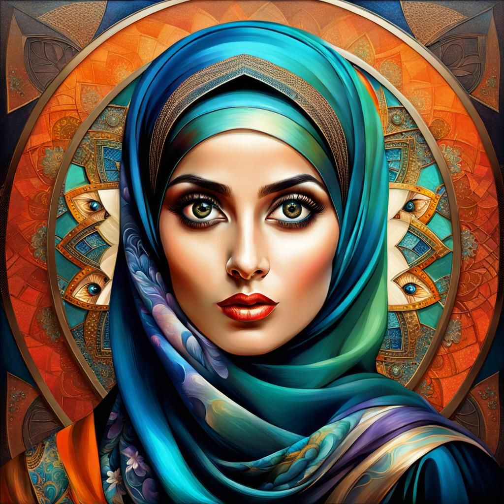 Confident Hijabi Woman in Retro Digital Painting
