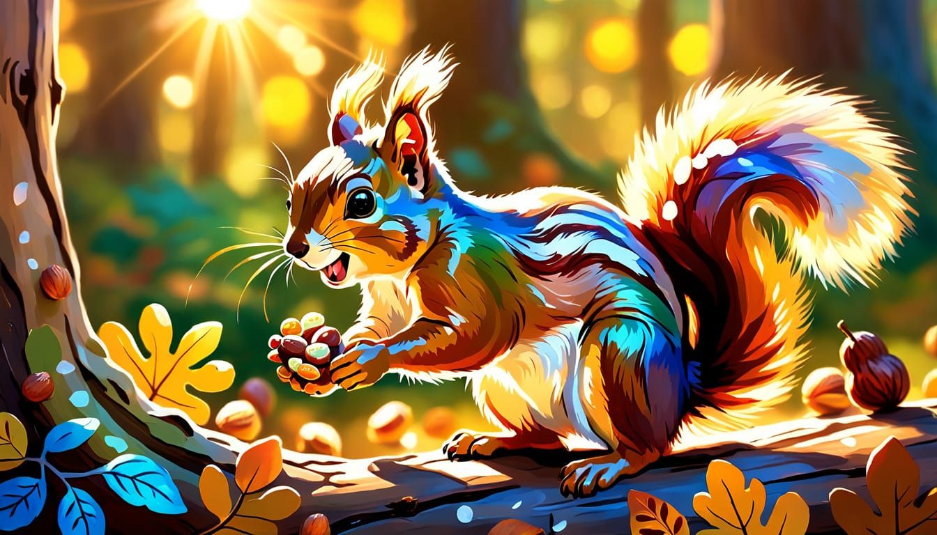 Playful Squirrel in Forest: Vibrant Oil Painting