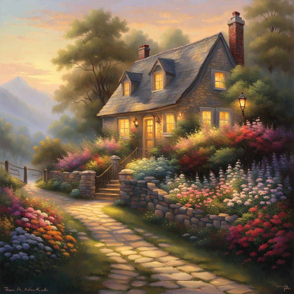 Serene Cottage Scene in Warm Impressionist Style