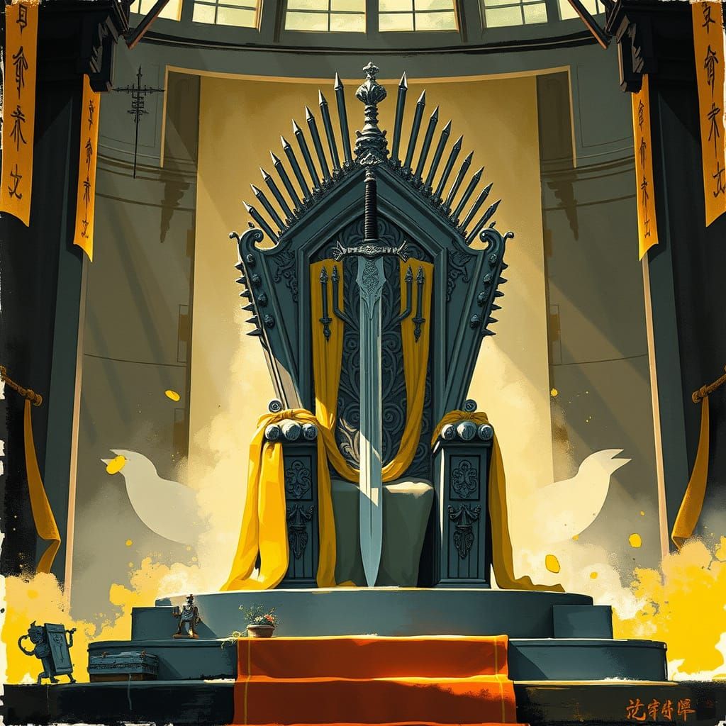 Ethereal Sword Throne in Chinese Ink Style with Expressive P...