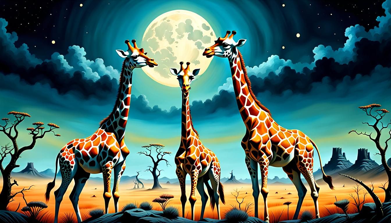 Whimsical Giraffes in a Dreamlike Landscape, Surrealism Insp...