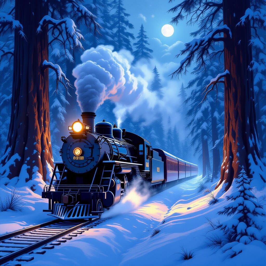 Snowy Sequoia Forest Train Journey Under Moonlight