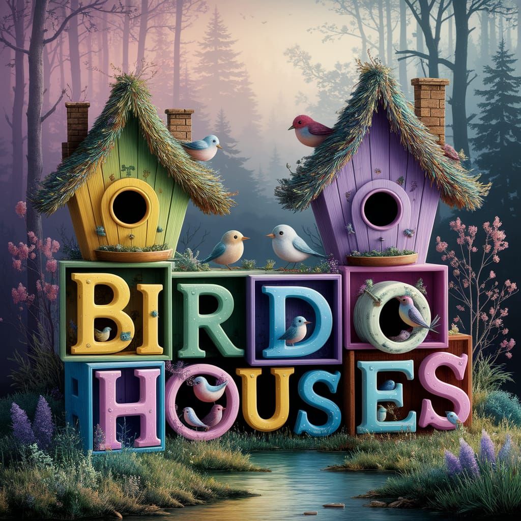 Whimsical Birdhouses in 3D Blocks, Fantasy Art
