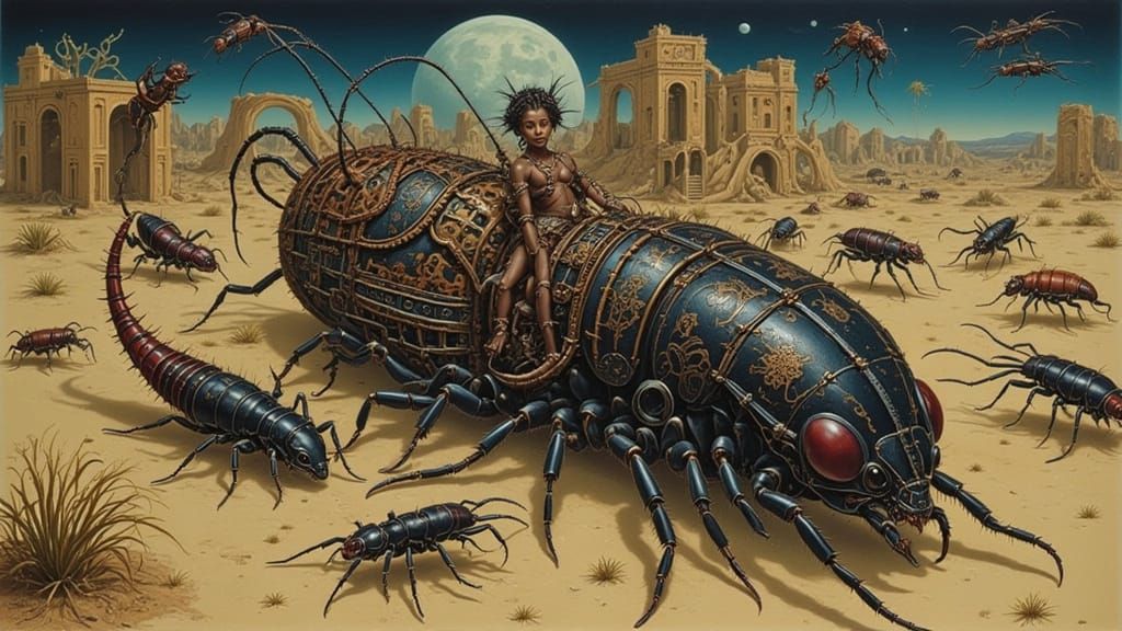 Tribespeople Riding Giant Insects in Surreal Landscape
