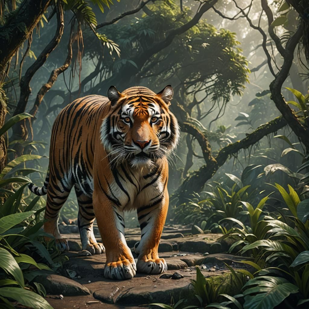Female Tiger Roaming Assam Jungle: Detailed Matte Painting