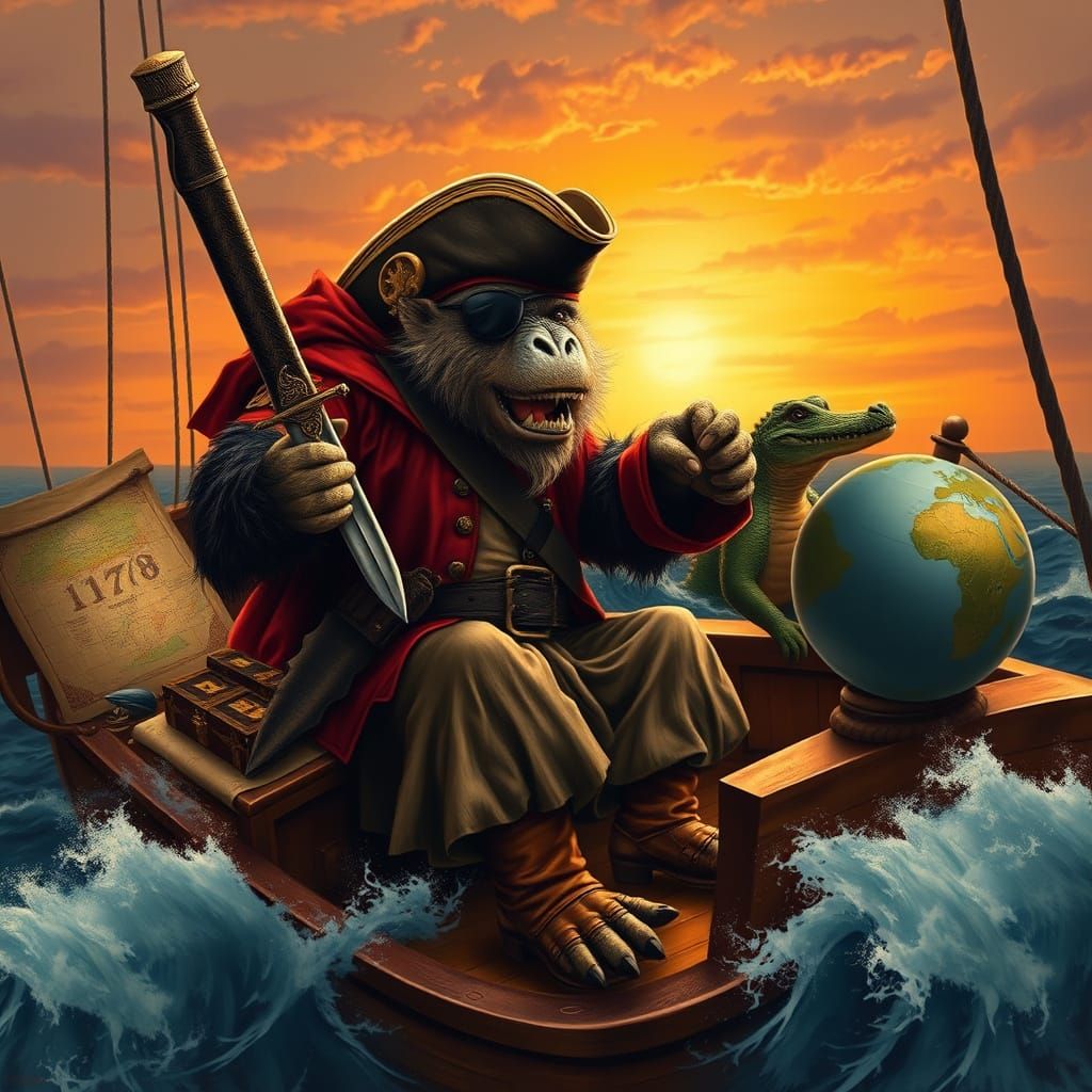 Pirate Ape Steers Ship in Surreal Australian Sunset