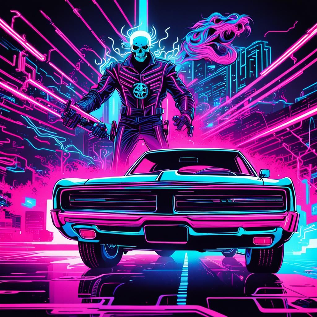 Ghost Rider and 1969 Dodge in Neon Retro Futurism