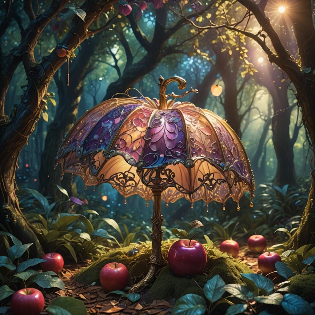 Glowing Apple Under Mystical Umbrella in Forest