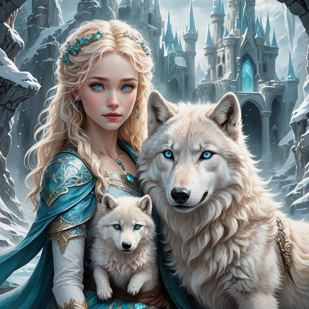 Woman and Wolf Explore Crystalline Fantasy Landscape