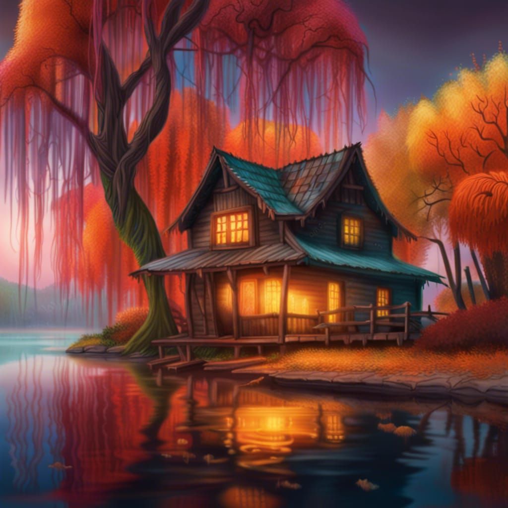 Enchanted Autumn Willow Tree with Cabin, Hyperrealistic Art