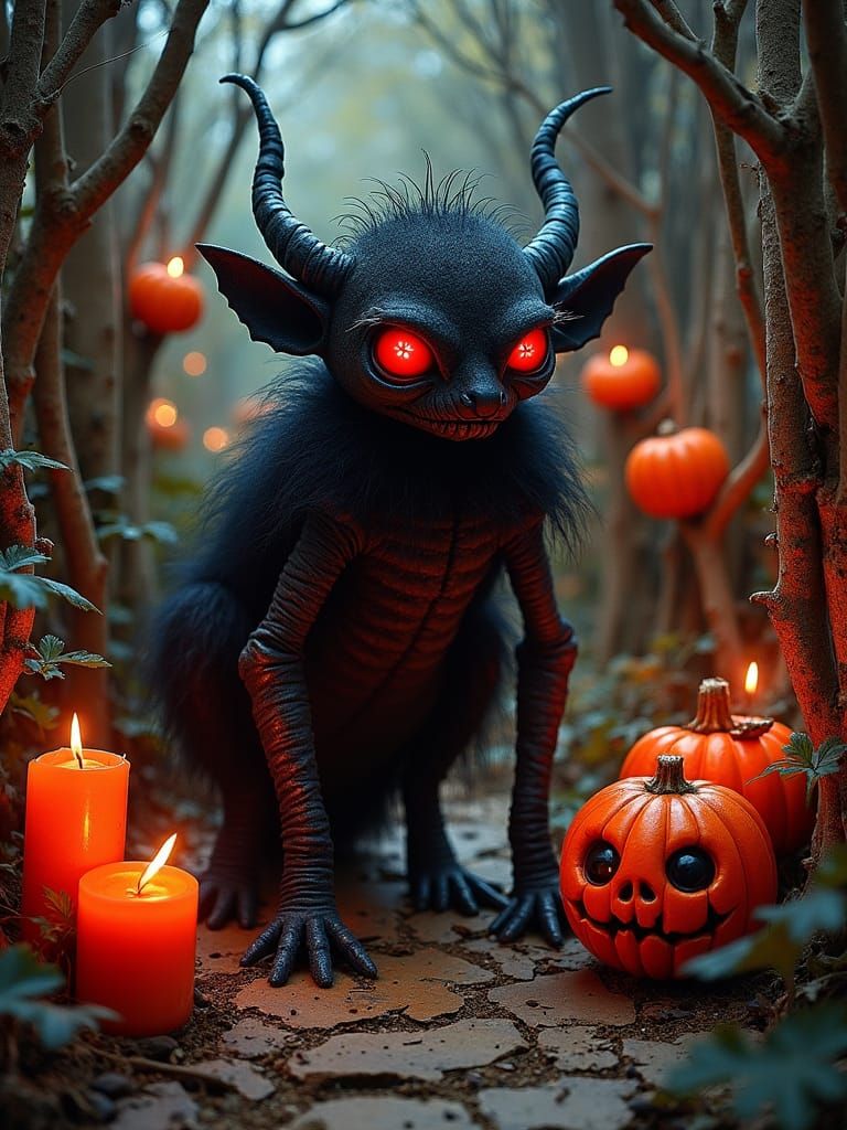 Creepy Halloween Scene with Glowing Eyes and Jack-o'-Lantern...