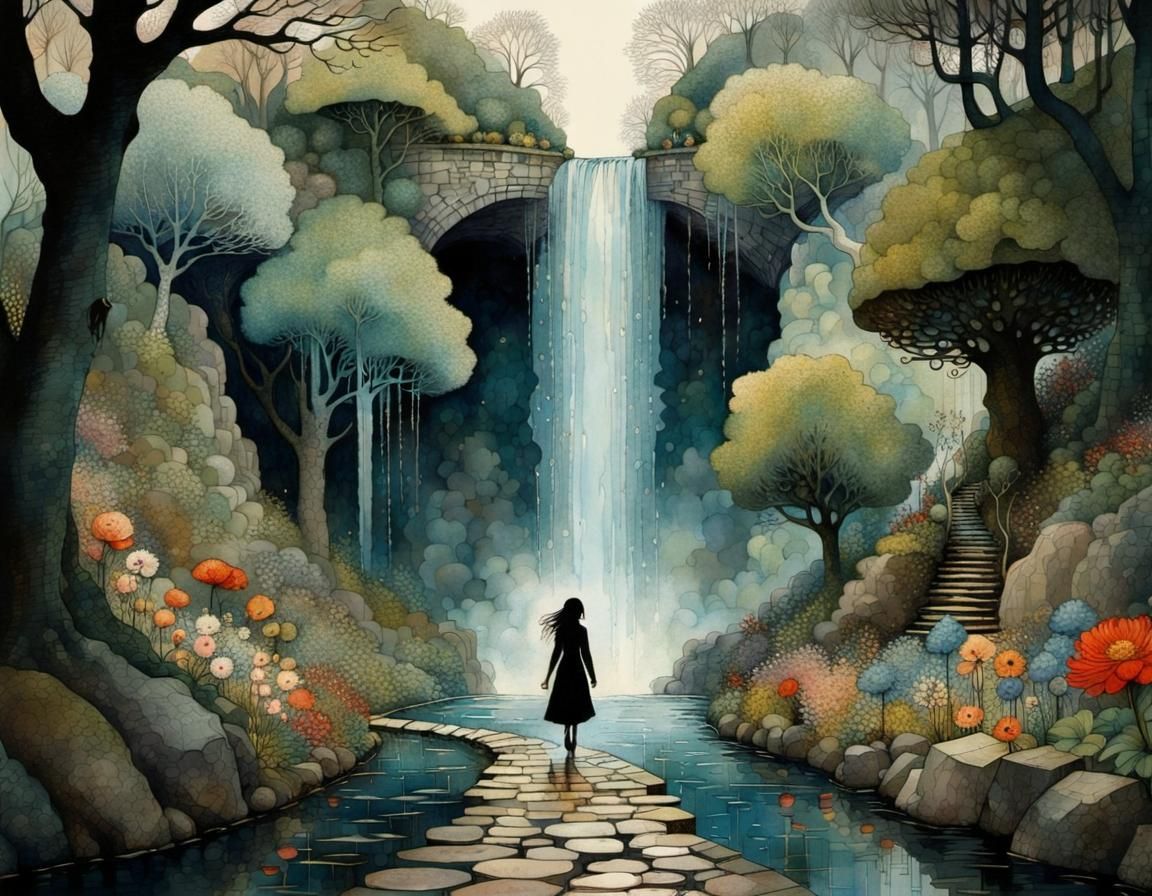 Woman on Cobblestone Path Through Waterfall