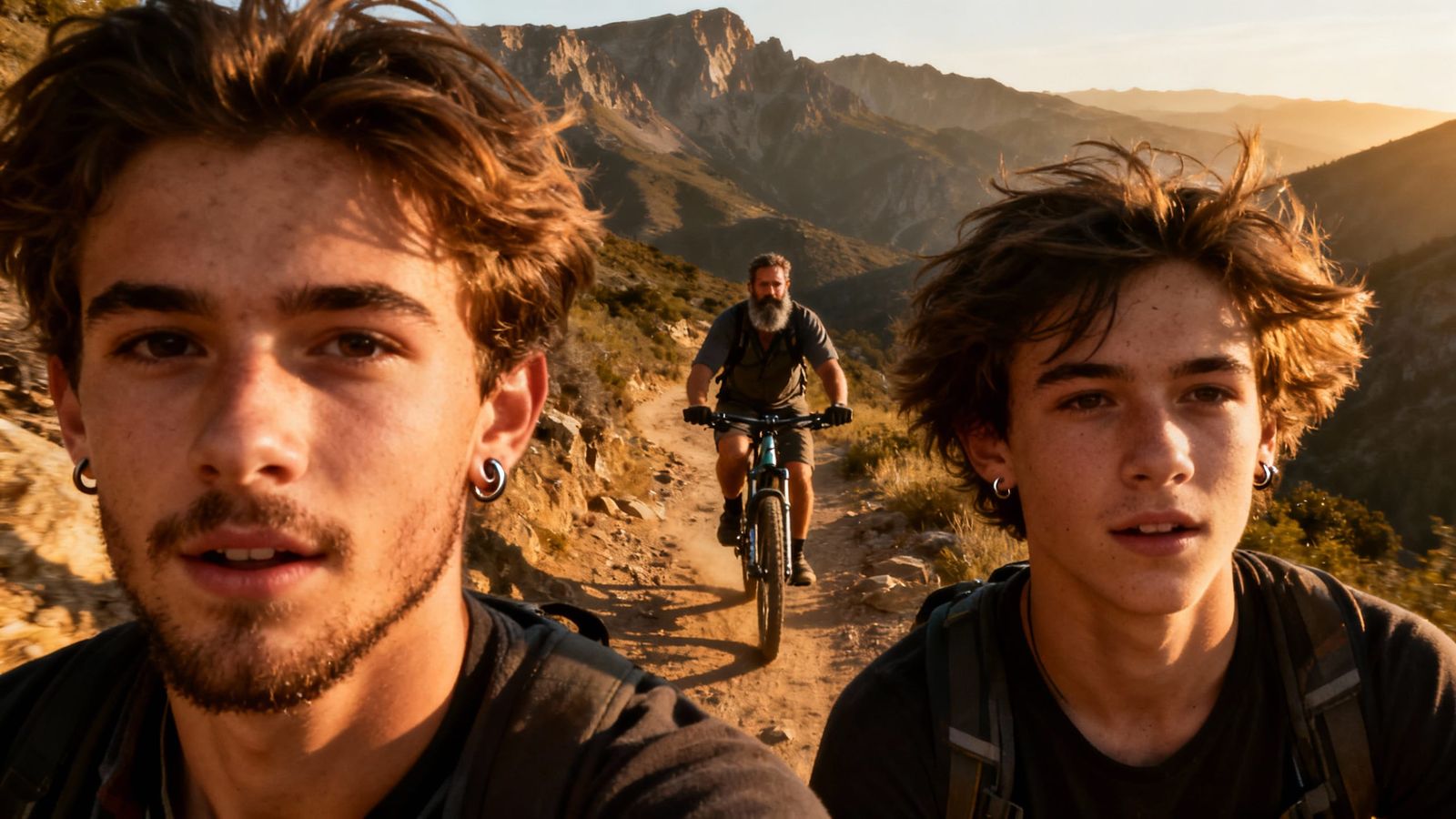 Hikers and Cyclist on Rugged Trail During Golden Hour