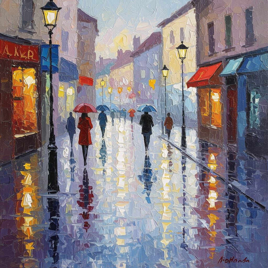 Shimmering Reflections on a Wet Street in Neo-Impressionist ...