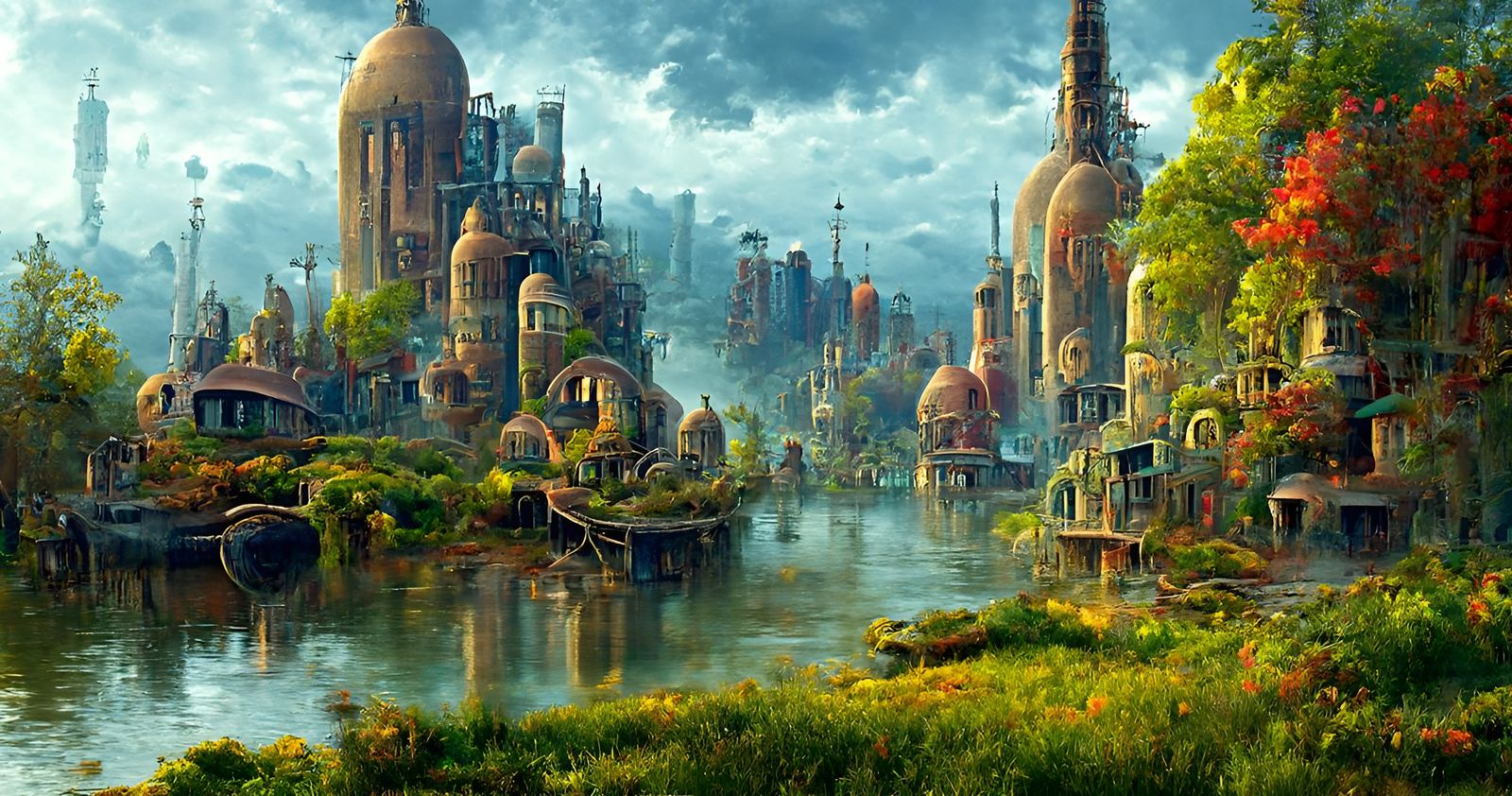 Lush Elven Metropolis in Art Nouveau Oil Painting