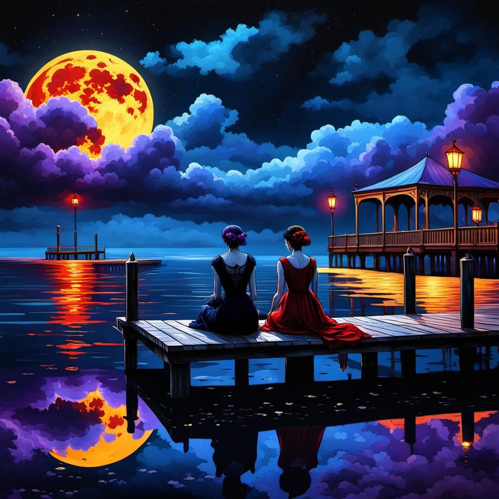 Eerie Gothic Women Stargazing on Pier
