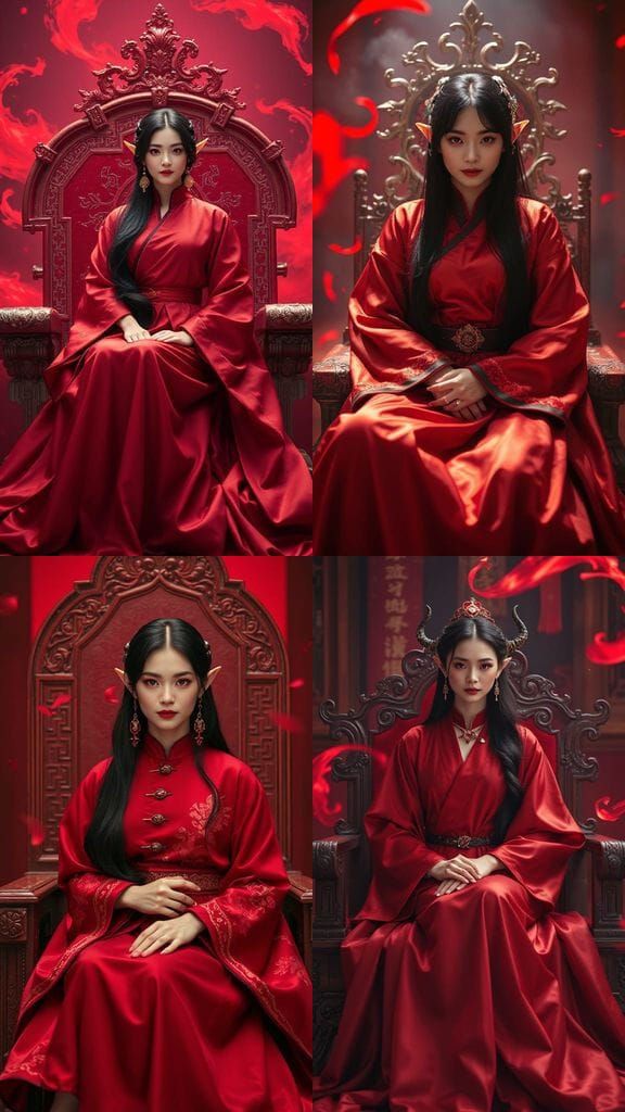 Elegant Chinese Elf Queen on Ruby Throne