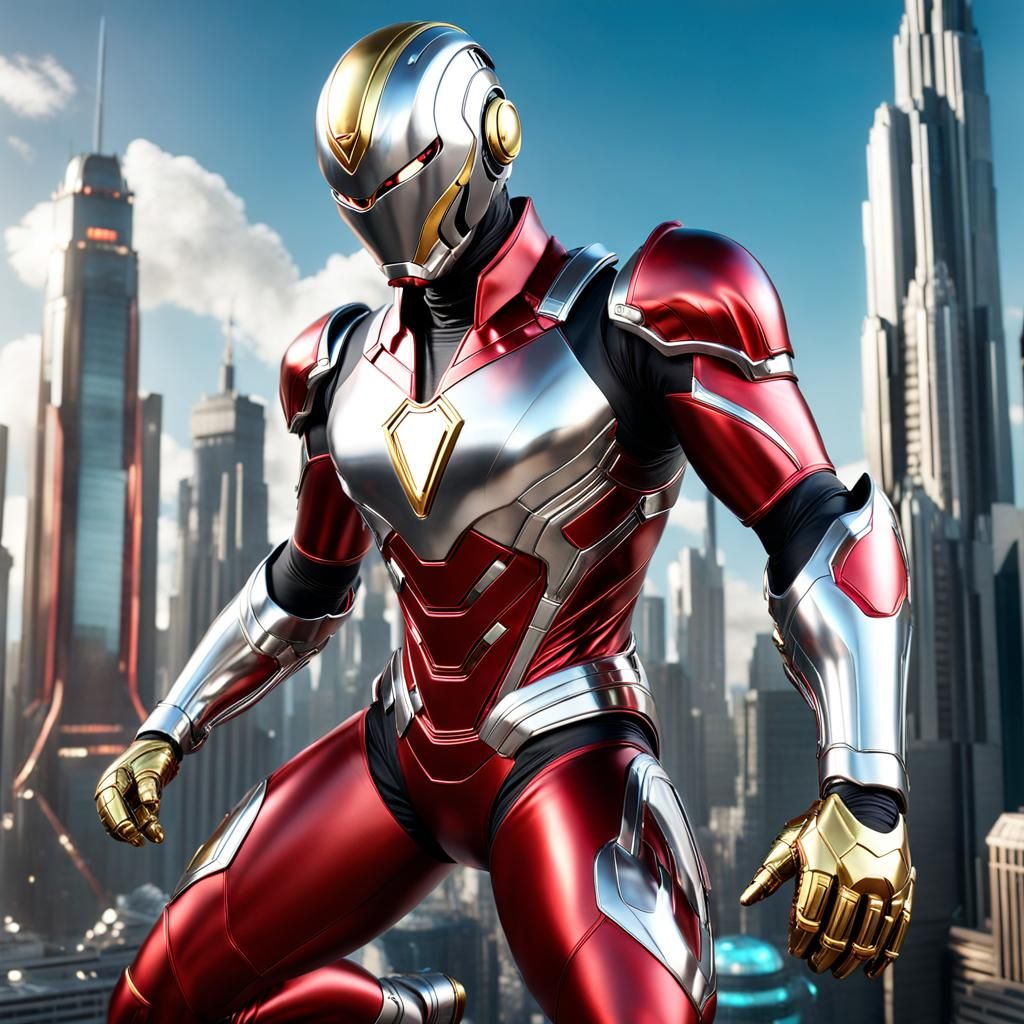A handsome silver android wearing a red tight suit with gold...