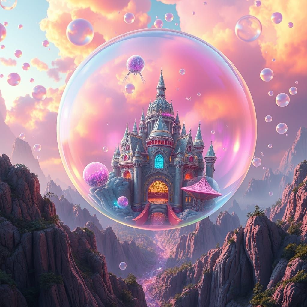 Surreal Soap Bubble Cities in a Dreamlike, Iridescent Realm