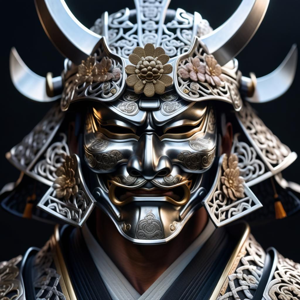 Samurai in Silver Mask with Sakura Background