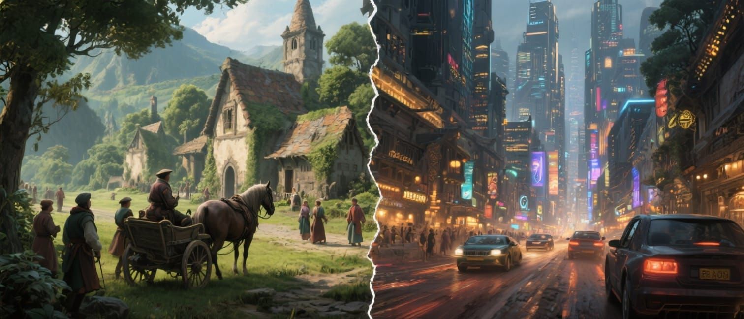 Medieval Village Meets Futuristic Cityscape