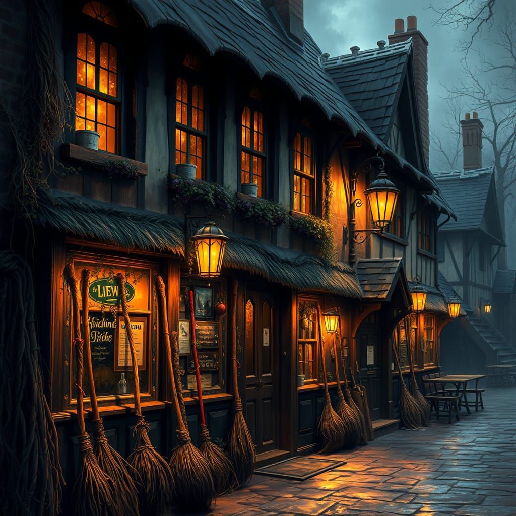 Ethereal Witchy Pub Exterior with Misty Fantasy Atmosphere