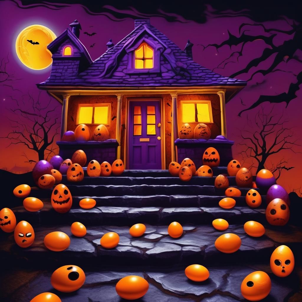 Surrealist Halloween Town Decorated with Angry Egg Faces