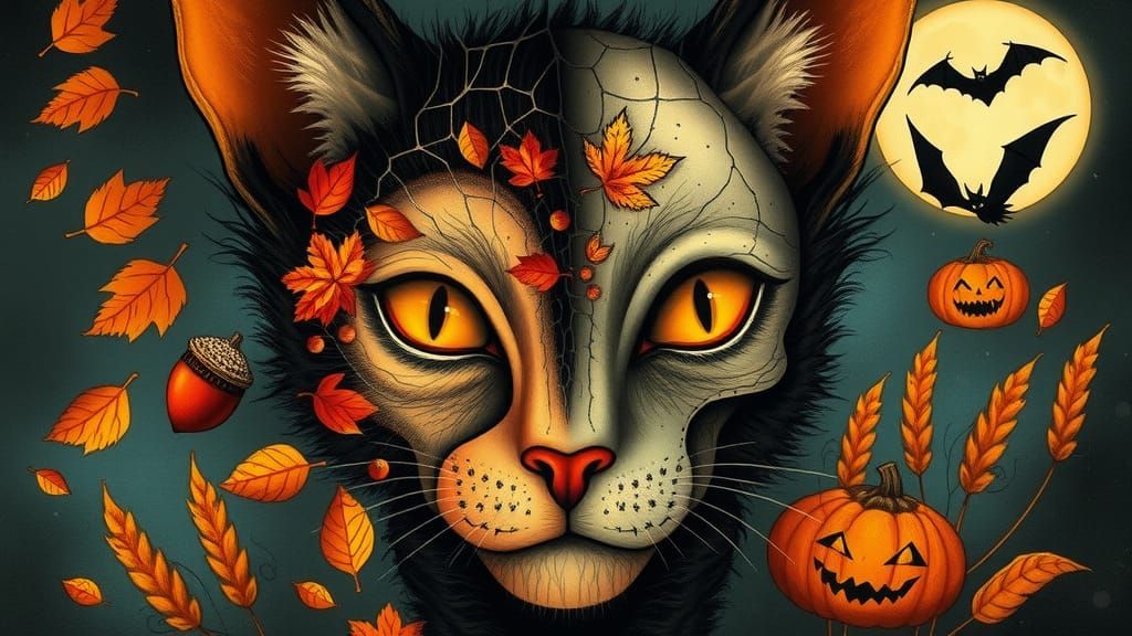 Mystical Feline: Autumn Meets Halloween in Digital Art