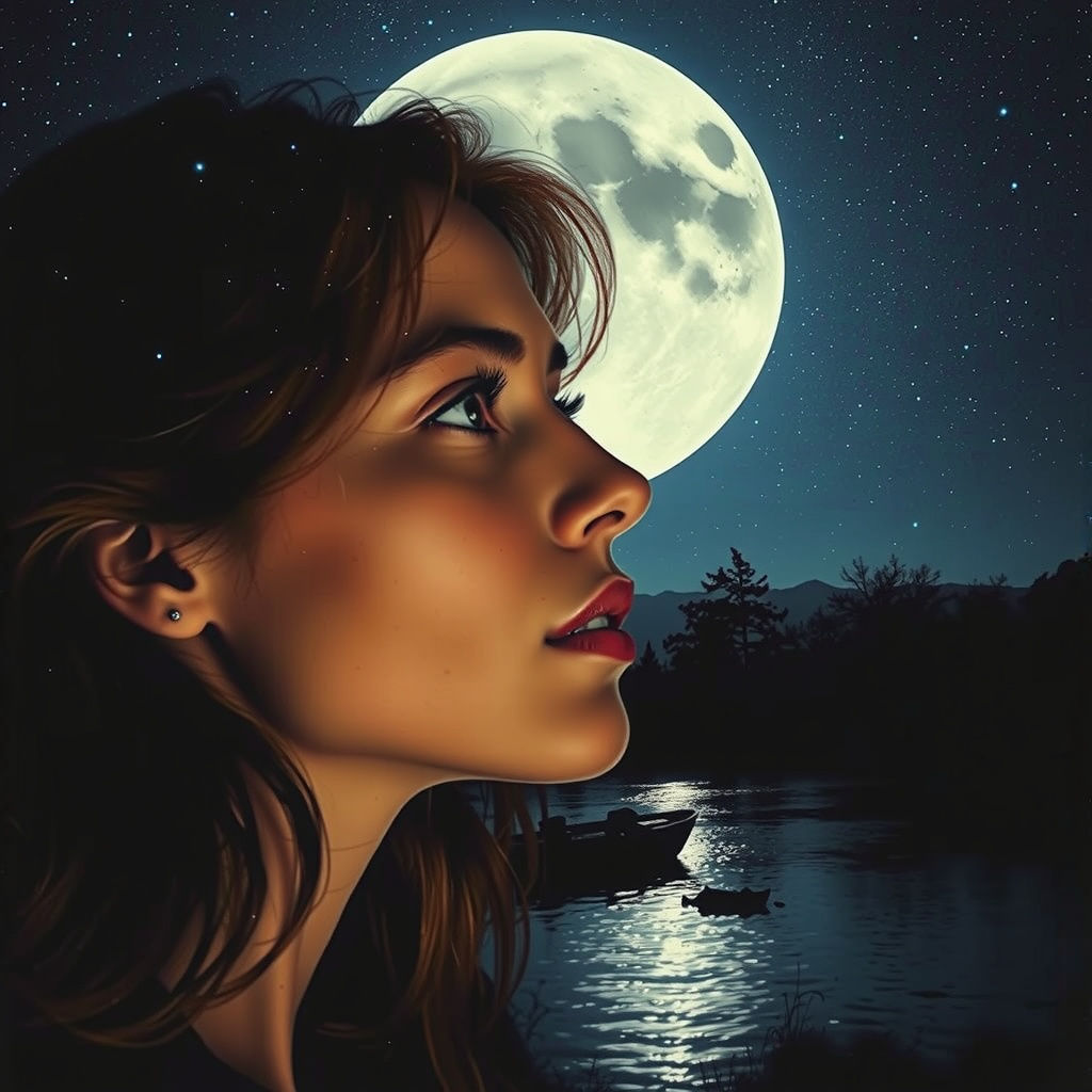 Ethereal Woman Under Starry Night Sky in Cubist Impressionis...