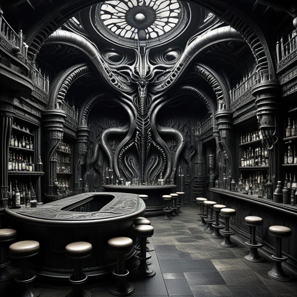 Surreal Bar Interior in Dark, Twisted Architectural Style