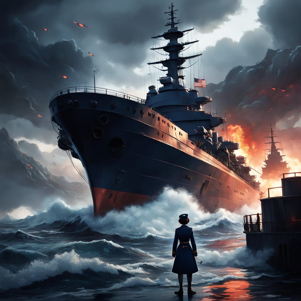 Stern Anime Naval Commander Stands Tall in War-Torn Stormy S...