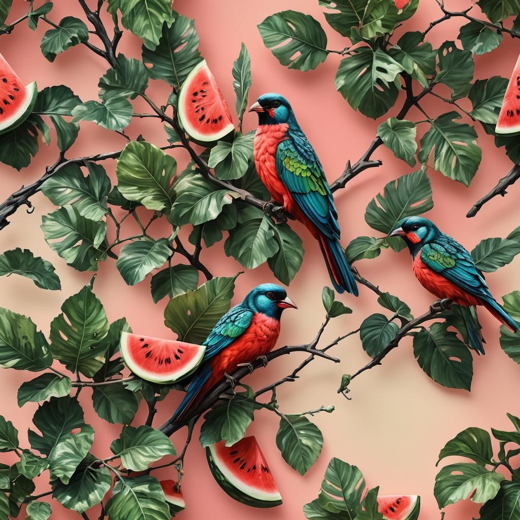 Bird with Watermelon Wings in Splash Art Style