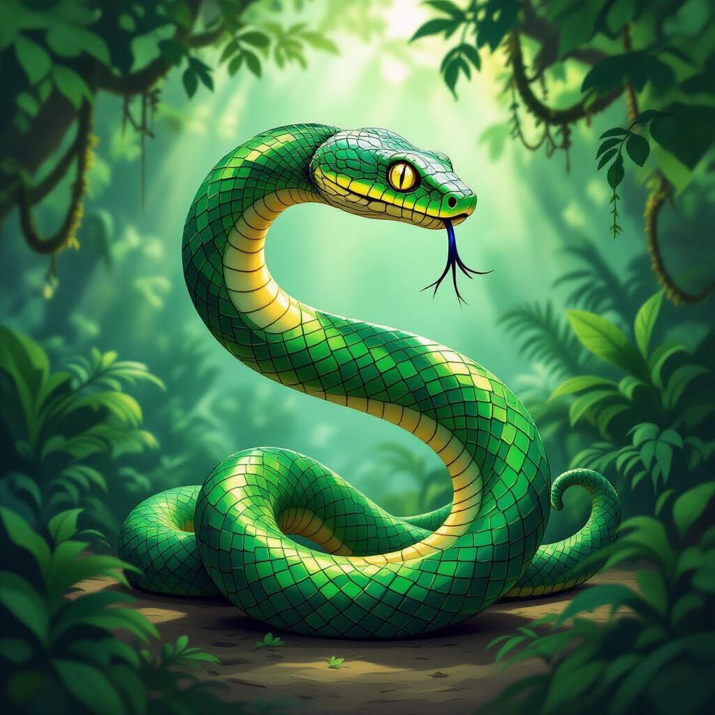 Green Serpent Forms Letter S in Lush Jungle