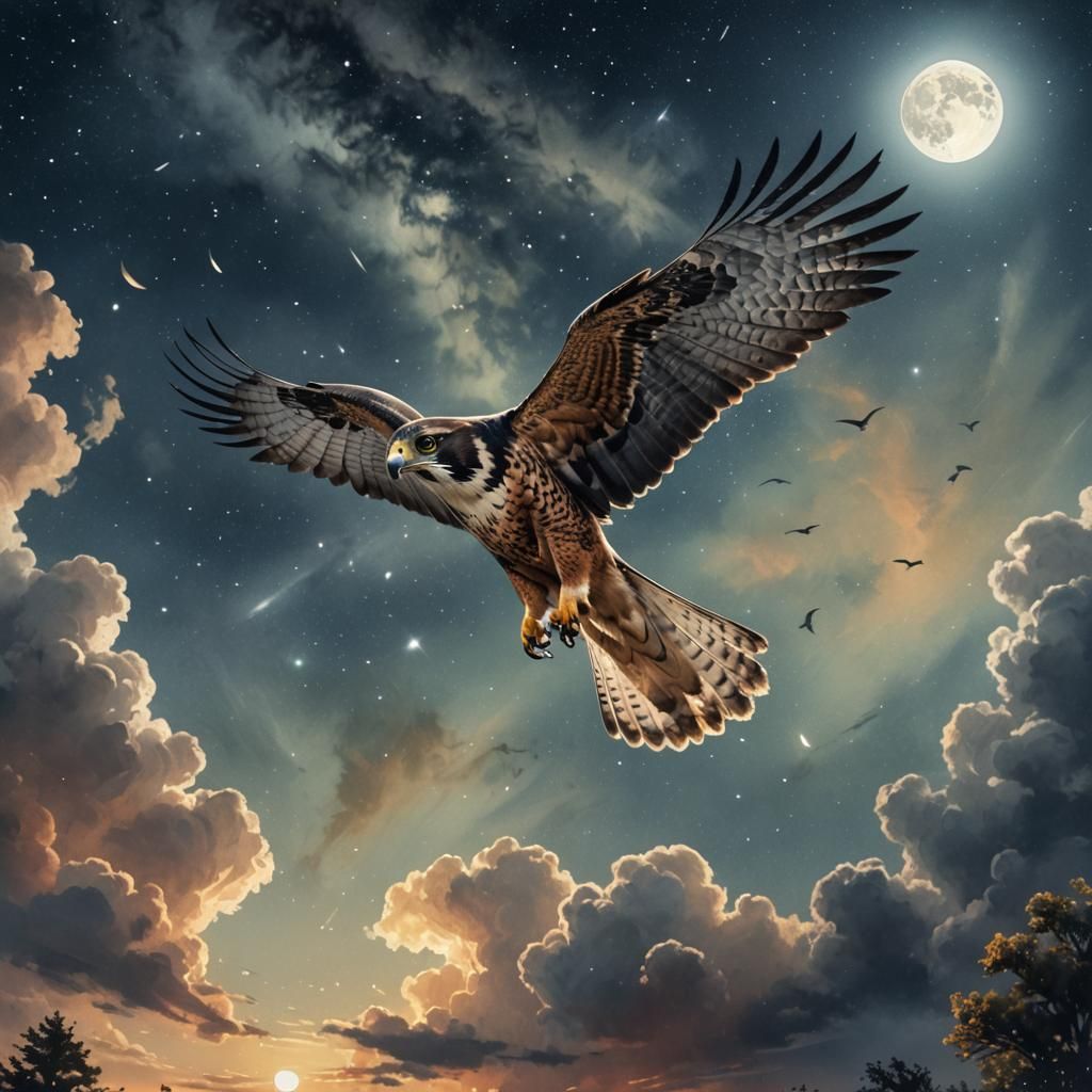 Detailed Falcon in Flight Under Romantic Moon