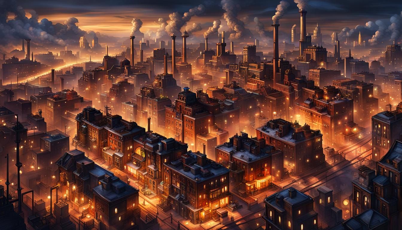 Steampunk Cityscape at Dusk with Heavenly Lights