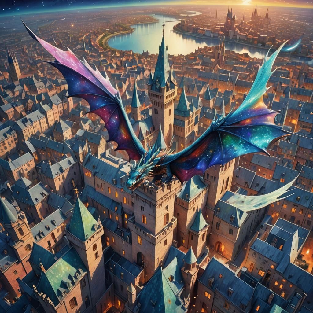 Dragon over Medieval City in Astral Light