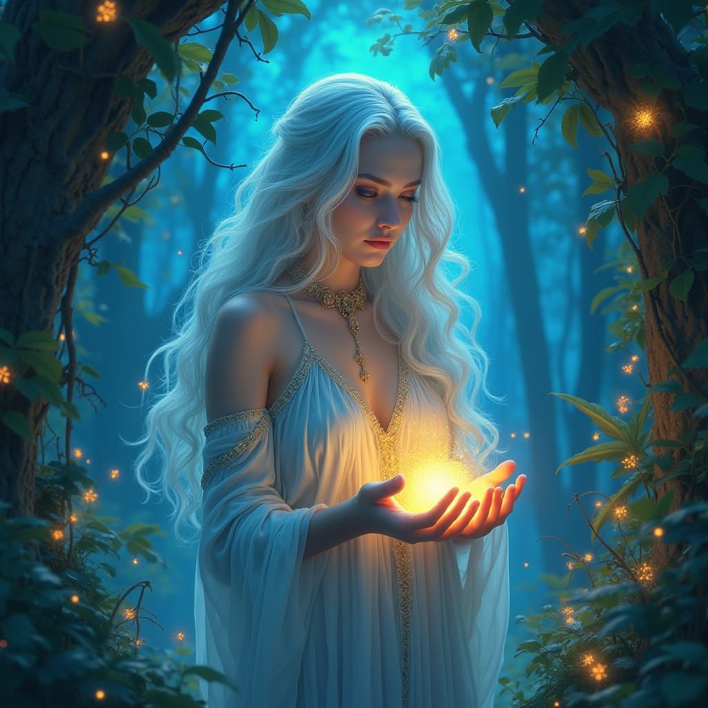 Sorceress in Bioluminescent Grotto, Art Nouveau Style