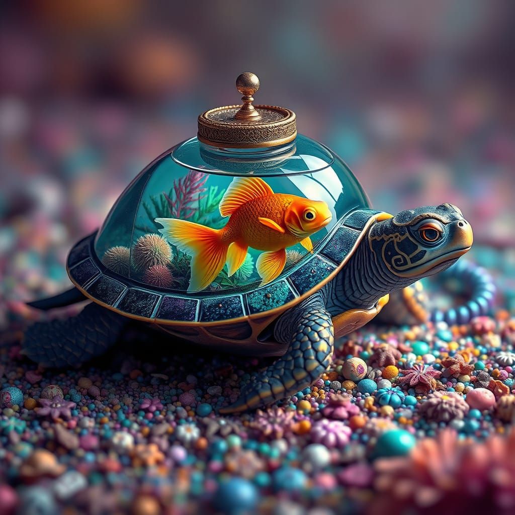Ornate Turtle with Goldfish Tank: Vivid Dreamscape