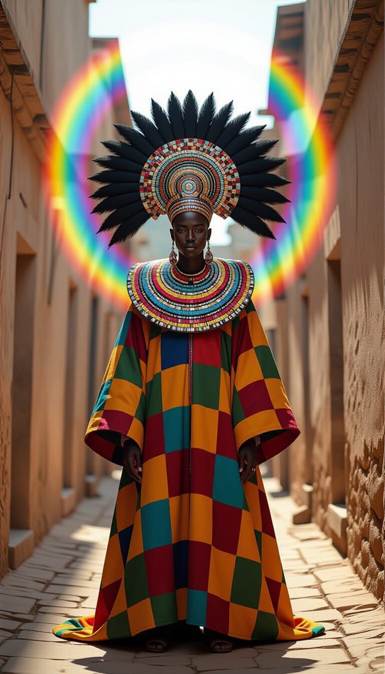 Majestic Figure in Sunlit Alley with Rainbow Halo