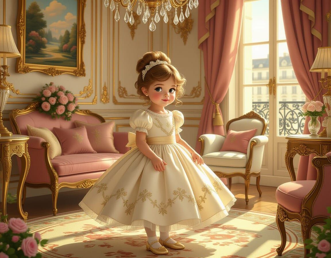 Little Girl in Parisian Bedroom, Illustrative Style
