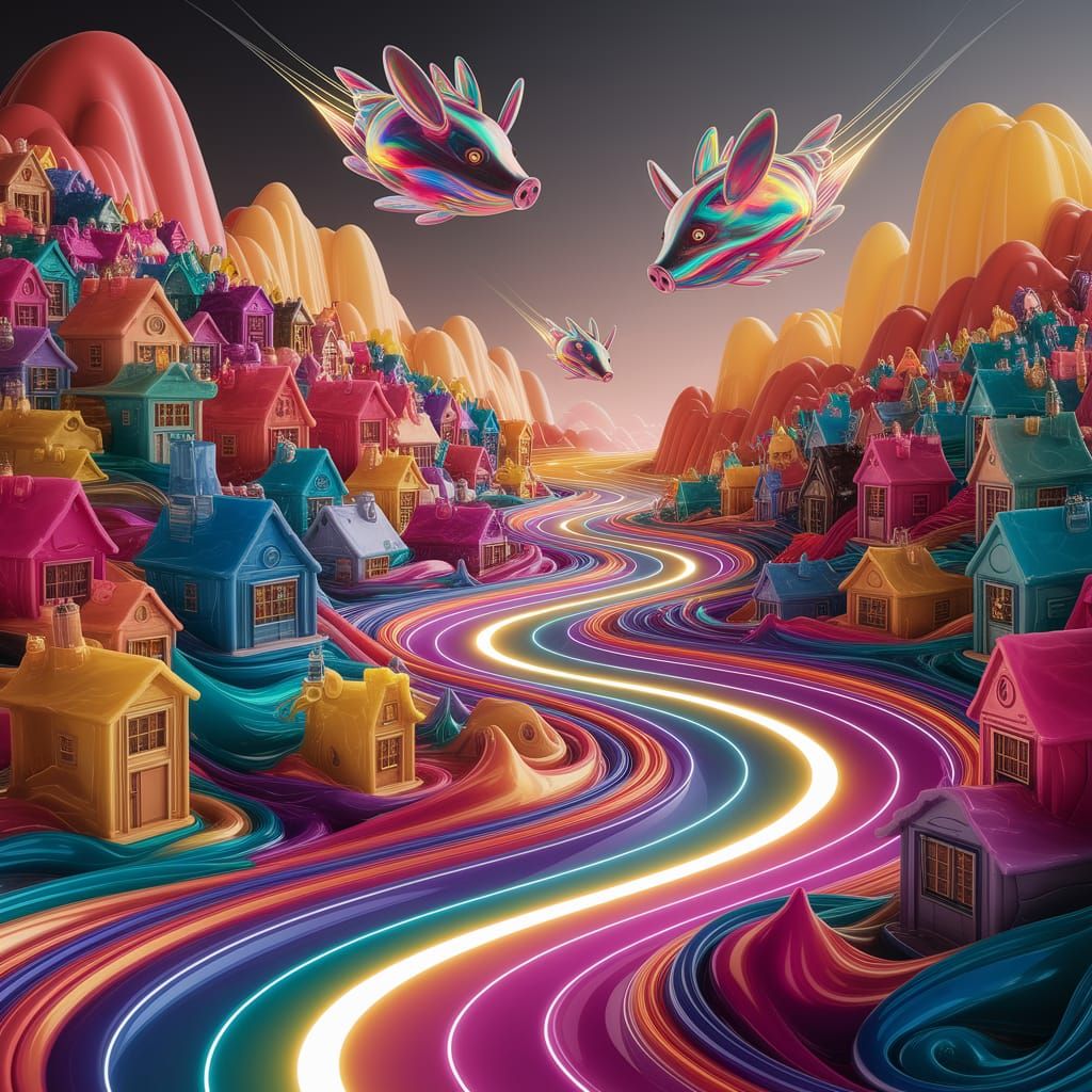 Abstract Town of Liquid Houses with Neon Rivers