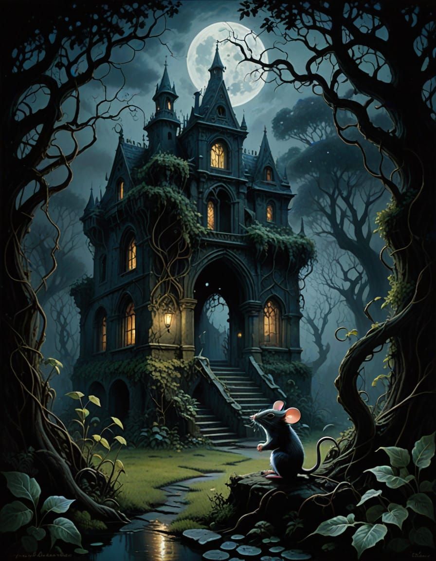 A Mouse in a Dark, Forgotten Gothic Garden under Moonlit Ski...