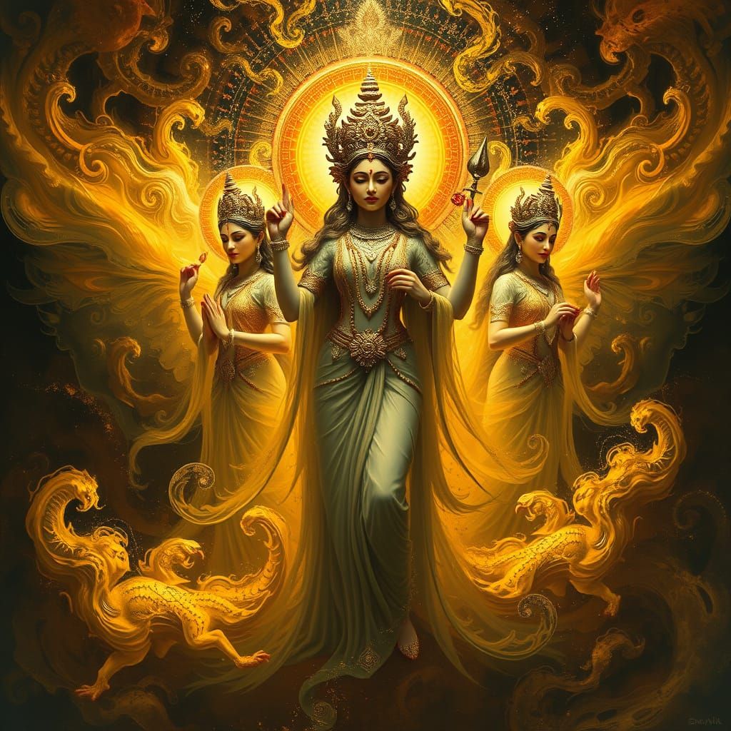 Ethereal Goddesses Emerge from Golden Cosmic Vortex