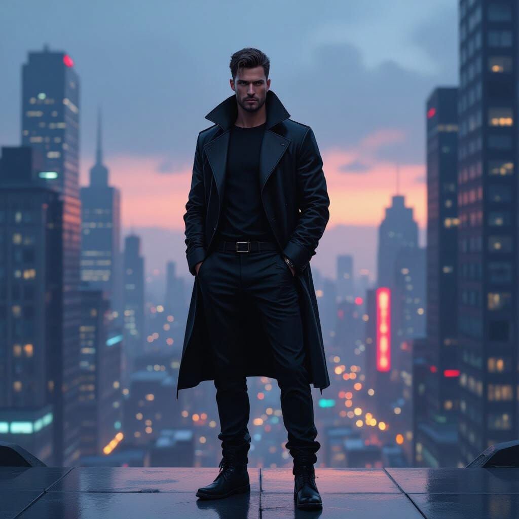 Confident Man in Cyberpunk Cityscape at Dusk